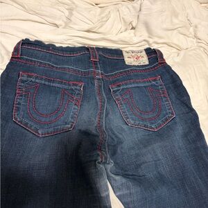 True Religion Women's Blue Jeans with Red Stitching